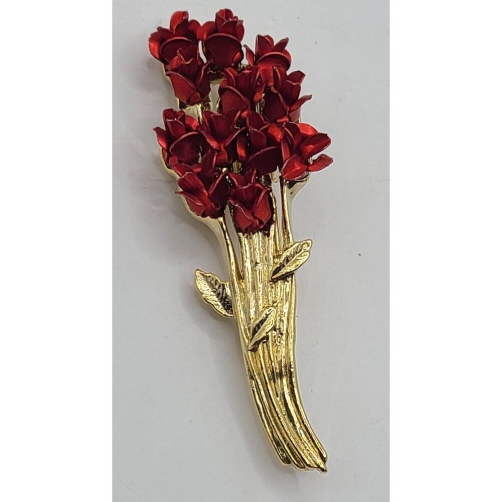Vintage Danbury Mint Brooch Red Roses Enamel Long Stem Bouquet Pin Signed DMG97